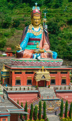 Aerial view of The biggest Guru Rinpoche Statue in Nepal, located in Dollu Monastery, Dakshinkali....