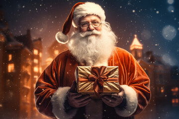 good old Santa Claus holding gift blurred city background. Christmas and New Year concept.