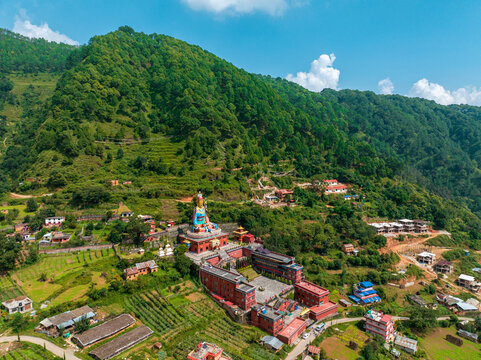 Aerial view of The biggest Guru Rinpoche Statue in Nepal, located in Dollu Monastery, Dakshinkali. Pharping 10-10-2023
