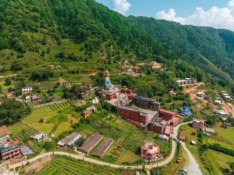 Aerial view of The biggest Guru Rinpoche Statue in Nepal, located in Dollu Monastery, Dakshinkali. Pharping 10-10-2023

