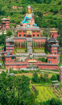Aerial view of The biggest Guru Rinpoche Statue in Nepal, located in Dollu Monastery, Dakshinkali. Pharping 10-10-2023
