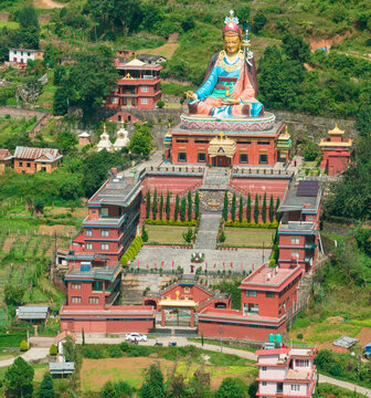 Aerial view of The biggest Guru Rinpoche Statue in Nepal, located in Dollu Monastery, Dakshinkali. Pharping 10-10-2023
