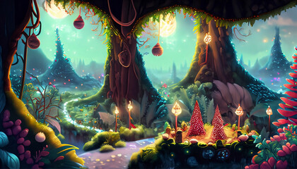 Fototapeta premium Fairytale winter landscape with christmas vibes in the fantasy jungle land