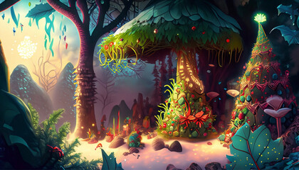 Fairytale winter landscape with christmas vibes in the fantasy jungle land