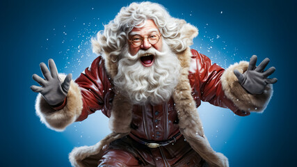 stylish aged Santa with playful emotion with comic grimace on blue background
