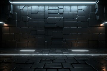 A futuristic and high-tech 3D render of a dark background with a rectangular block structure and a textured wall featuring a rectangular tile pattern. Generative AI