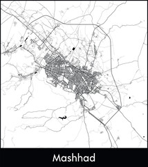 Mashhad Minimal City Map (Iran, Asia) black white vector illustration