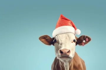 Fotobehang A cow wearing christmas hat. Christmas greeting card with cow. isolated on background.  © Gasi