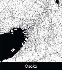 Fototapeta premium Osaka Minimal City Map (Japan, Asia) black white vector illustration