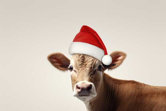 A cow wearing christmas hat. Christmas greeting card with cow. isolated on background. 