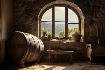 Barrel in an ancient castle beside the window.