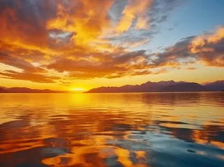 Foto op Canvas Bright sunset over Lake golden clouds reflect in the water. © MdKamrul