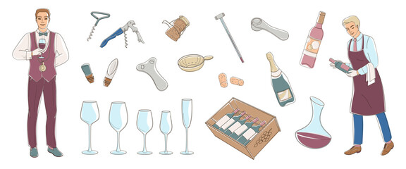 Sommelier or Stewards Wine Degustation. Set elements about wine tasting. wine Bottles, glasses, corks, corkscrew, vine experts tools - obrazy, fototapety, plakaty