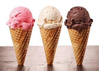 Chocolate, vanilla and strawberry Ice cream in the cone on white background.