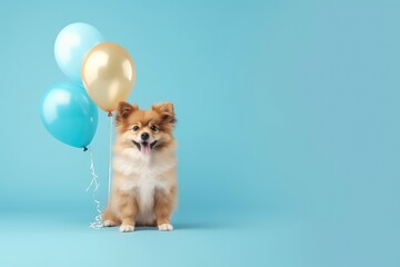 Fototapeta na wymiar Dog With Golden Balloon On Blue Background