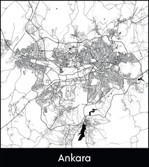 Ankara Minimal City Map (Turkey, Asia) black white vector illustration