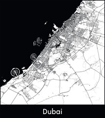 Dubai Minimal City Map (United Arab Emirates, Asia) black white vector illustration
