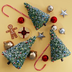 Christmas Background. Tree, candy cane, gingerbread man, gift, flat lay, top view
