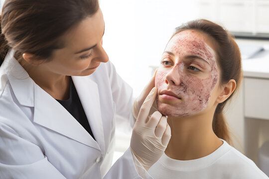  A female dermatologist is closely inspecting a patient's skin condition