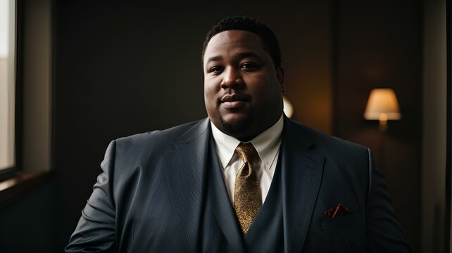 Fat black male model in a luxury suit. Represent a powerful businessman or a black mafia boss. AI Generated