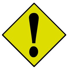 Yellow traffic sign highway sign with warning exclamation mark isolated on white background