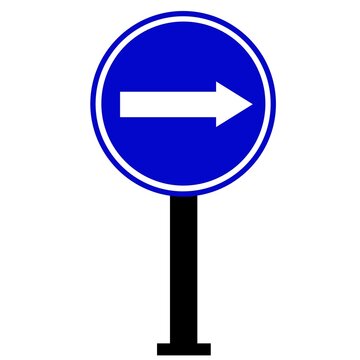 Round blue highway sign indicating right and left road directions