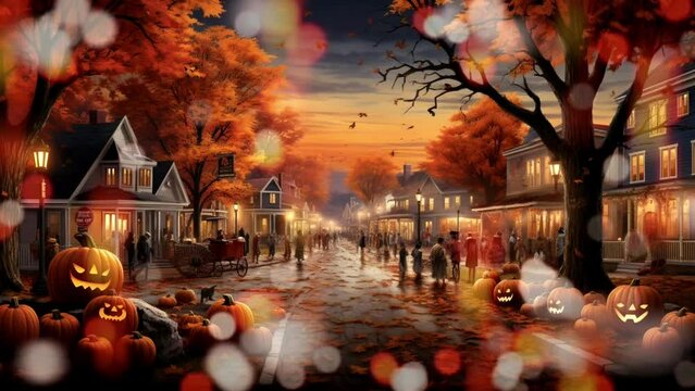 halloween festival in the middle of the city, seamless looping video background animation, cartoon anime style