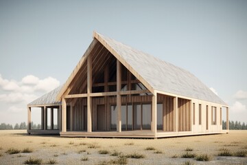 A single-story barn house frame standing alone, rendered in 3D. Generative AI
