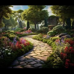 A tranquil garden with a winding stone path in ultra HD