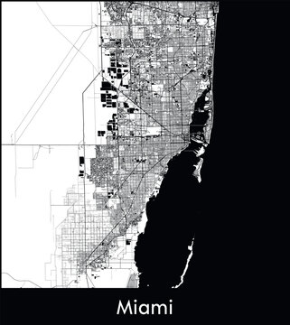 Miami Minimal City Map (United States, North America) black white vector illustration