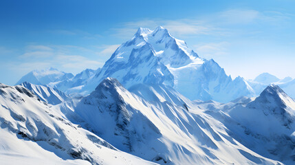 Obraz premium Freeze the grandeur of snow-capped mountain peaks against a clear blue sky, encapsulating the majestic, awe-inspiring beauty of the high country.