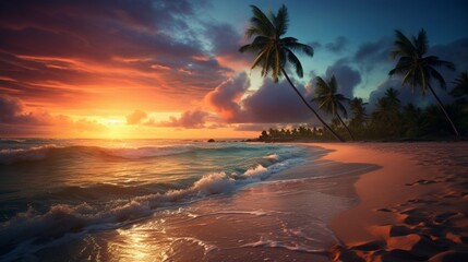 A vibrant sunset over a tranquil beach in full ultra HD.