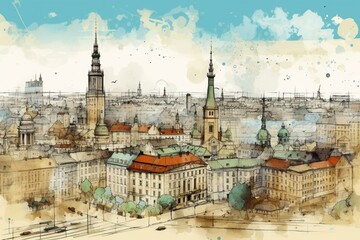 Hand-drawn panorama of Warsaw on a white background. Generative AI - obrazy, fototapety, plakaty