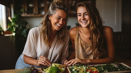 Elderly women and mothers prepare healthy meals in the kitchen while adding broccoli to salads and watching tutorials on laptops.