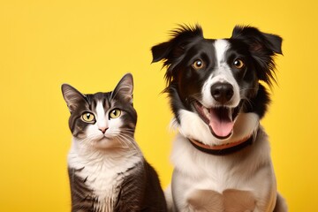  Cat and dog together with happy expressions on yellow background.