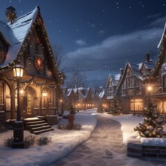 A winter village scene with twinkling lights in high detailed