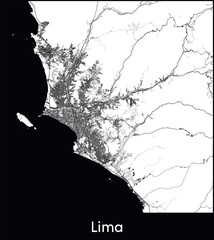 Lima Minimal City Map (Peru, South America) black white vector illustration