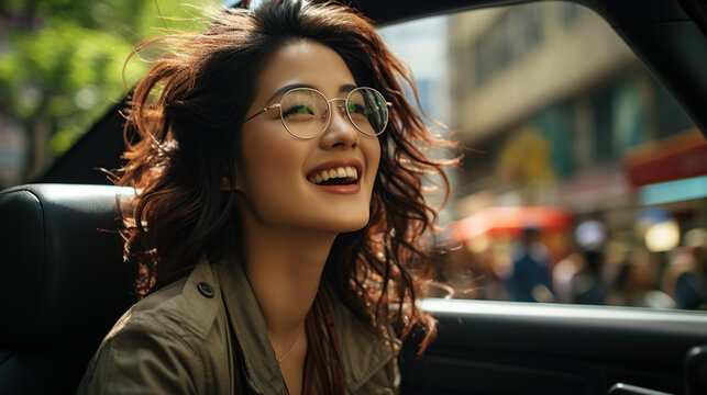 Beautiful Asian woman gets a new car She is very happy and excited. Woman driving a car smiling on the road on a bright day