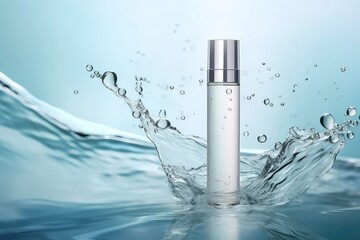 Cosmetic Bottle Placed On Water Texture With Splashes