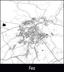 Fez Minimal City Map (Morocco, Africa) black white vector illustration