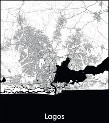 Lagos Minimal City Map (Nigeria, Africa) black white vector illustration