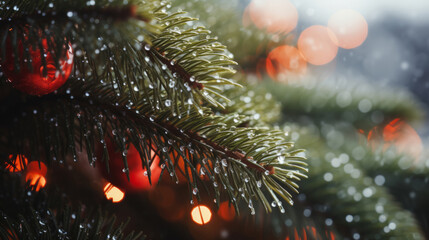 Obraz na płótnie Canvas Close-up of christmas tree decorations. Bokeh background.