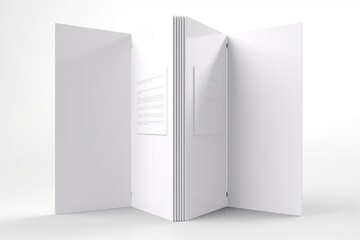A vertical double gate-fold brochure with four panels and eight pages. Mock-up on a white background for presentation design. Folded, semi-folded, and front side. Generative AI
