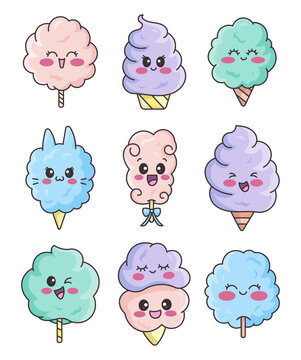 Naklejki Cotton candy characters. Sweet sugar dessert food for kids. Cute kawaii food with cartoon faces. Hand drawn style. Vector drawing. Collection of design elements.