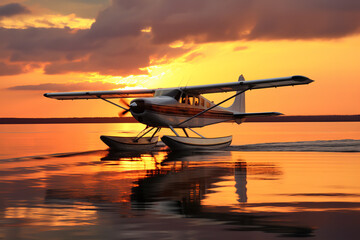  As the sun dips, a seaplane gracefully descends, leaving a pattern of ripples on the water, complemented by the golden ambiance of the evening sky.