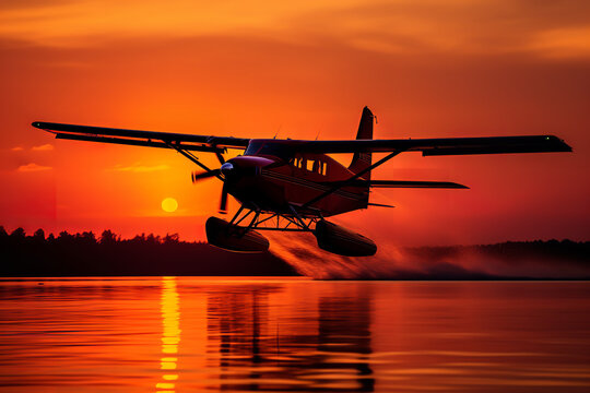 Soak in a breathtaking sunset with the darkened silhouette of a seaplane soaring high, set against a canvas painted in deep oranges, purples, and reds.