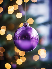 Close up of a purple mock up Christmas ornament hanging on a tree, blurred lights background	