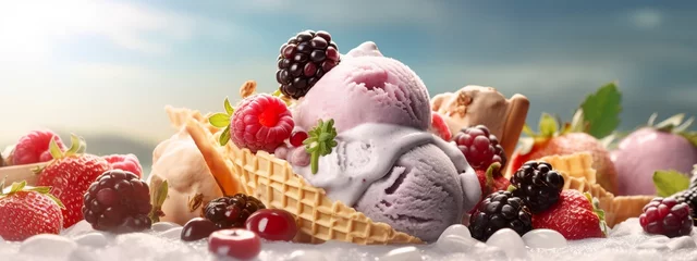Foto auf Alu-Dibond Banner with ice cream in a waffle cone on a summer day. © MdKamrul