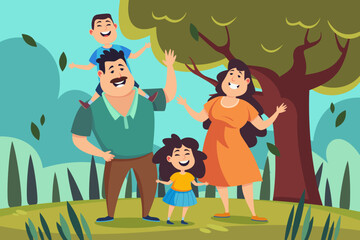 Happy family waving in park vector illustration. Cartoon drawing of mother, father and kids standing next to tree and smiling, son on shoulders of dad. Family, nature, recreation, leisure concept