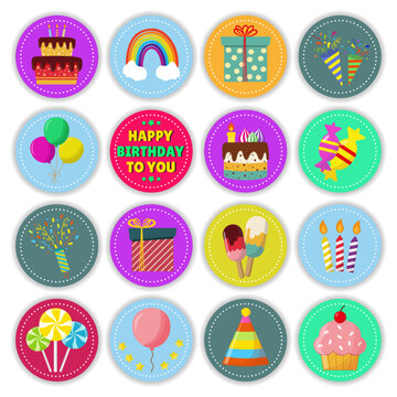 Happy Birthday stickers set. Flat color icon. Multi-colored stickers. Stickers with images of cake, balloons, coffee, candles and lollipops. Vector illustration for postcard